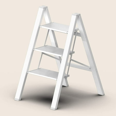 

3 Step Ladder Folding Step Stool Lightweight Aluminum Foldable Ladder with Anti-Slip Wide Sturdy Pedal Multi-Use for Home Library Office Garage (330 lbs Capacity) - White