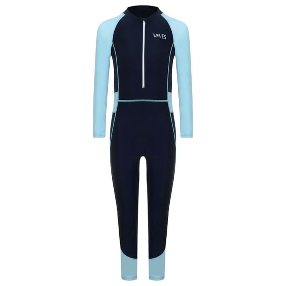 YUUMIN Boys Girls Full Body Swimsuit Color Block One Piece Swimwear UPF 50 Long Sleeve Rash Guard Blue 100/L