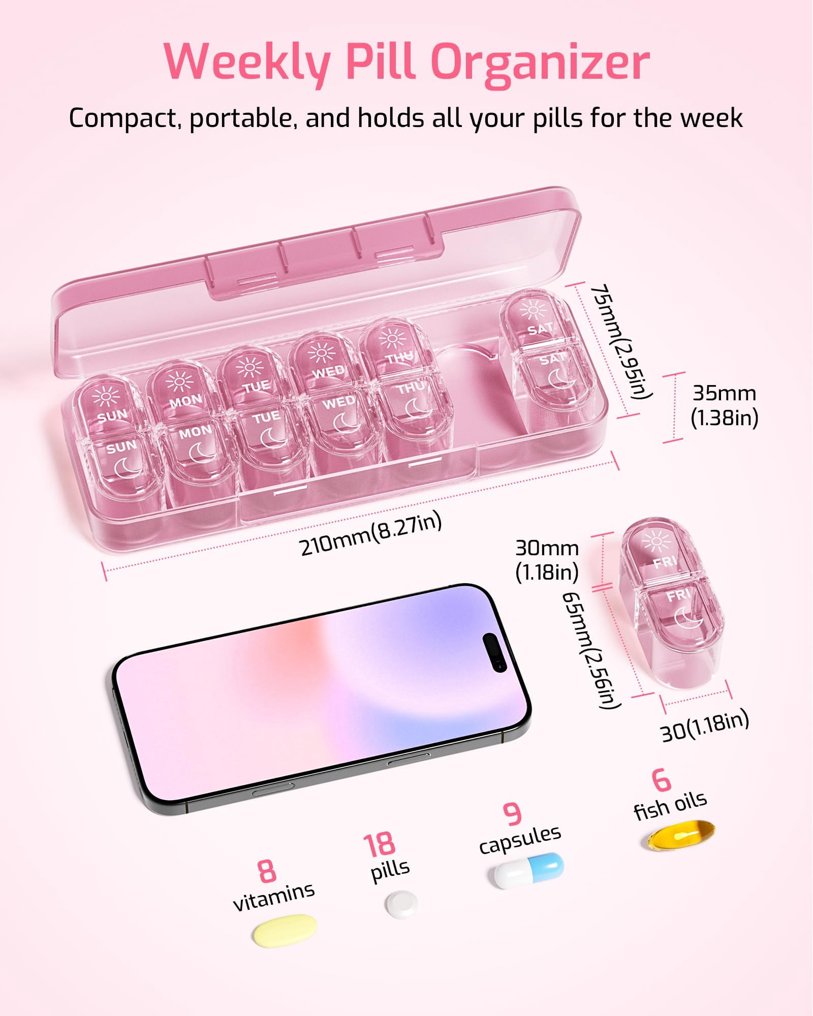 Weekly Pill Organizer 2 Times a Day, 7-Day AM PM Medicine Case, Travel-Friendly Pill Box for Fish Oils, Vitamins & Supplements