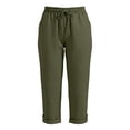 thumbnail image 5 of Women's Cotton Linen Blend Wide Leg Capri Pants Drawstring Casual Capri Trousers Loose Pants with Pockets Green, 5 of 6