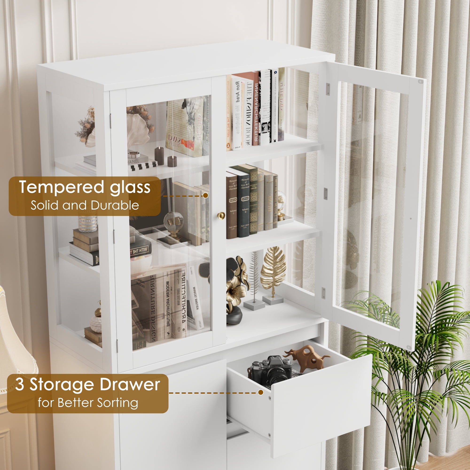 Homfa 71" Glass Door Bookshelf Bookcase with 3 Large Drawer, 3-Tier Modern Bookshelves with Adjustable Shelf, White