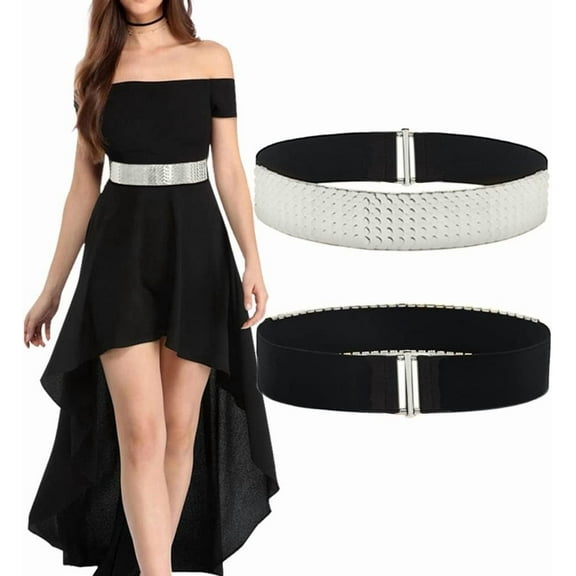 YooGuoGuo Women's Ladies Elastic Metal Fish Scale Pattern Obi Belts Stretchy Waistband PU Leather Waist Cinch Belt