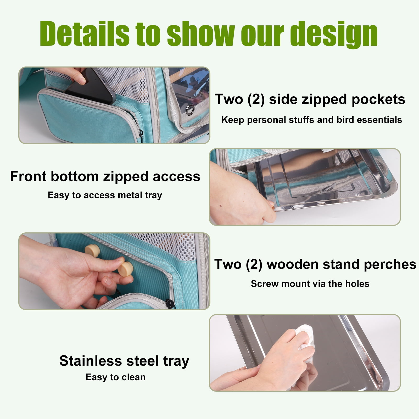 Halinfer Breathable Bird Carrier Backpack with Standing Perches and Metal Tray, Green