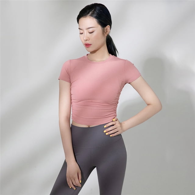 Camiseta deportiva de manga corta transpirable y de secado rápido para mujer, ajustada, de seda helada, para yoga, correr, para mujer