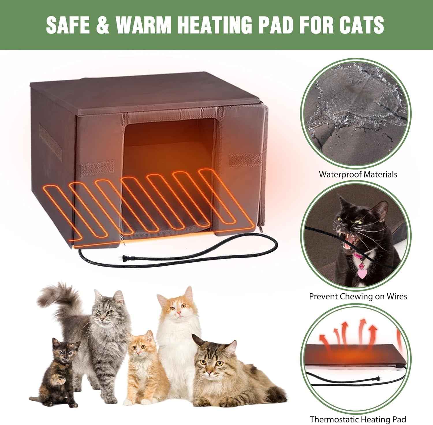 MEDEHOO Heated Outdoor Cat House with Heating Pad, Weatherproof Cat Shelter, Feral Cat House with Insulated Liner for Keep Warm in Winter