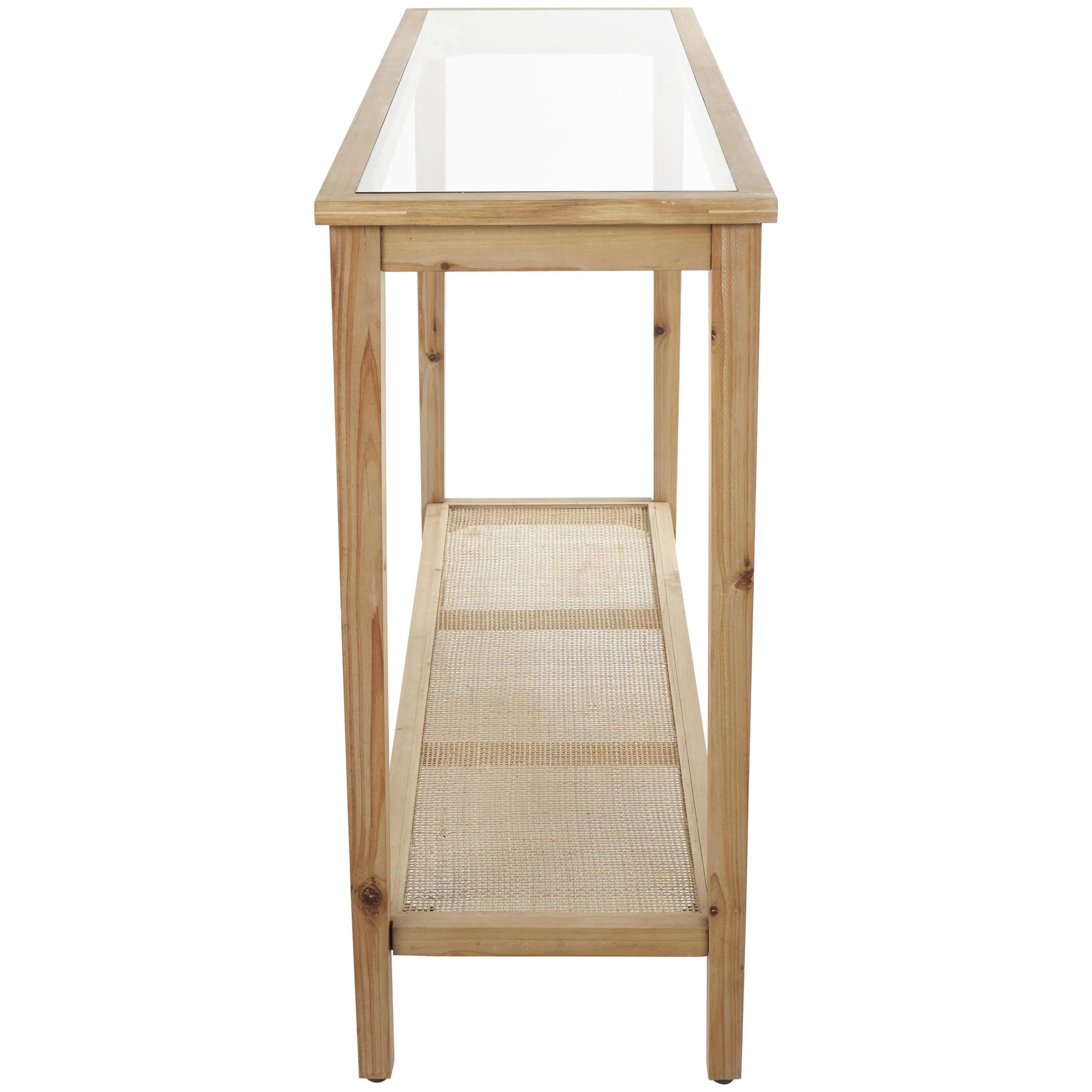 DecMode 47" x 32" Brown Wood Slim Natural Console Table with Glass Top and Rattan Shelf, 1-Piece