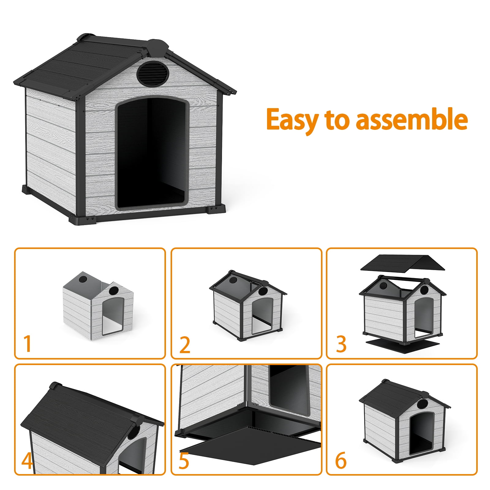 ZYJOYY Outdoor Dog House, 46" Insulated Igloo Style with Elevated Floor, Designed for Large Dogs, Weatherproof Plastic Kennel, Grey