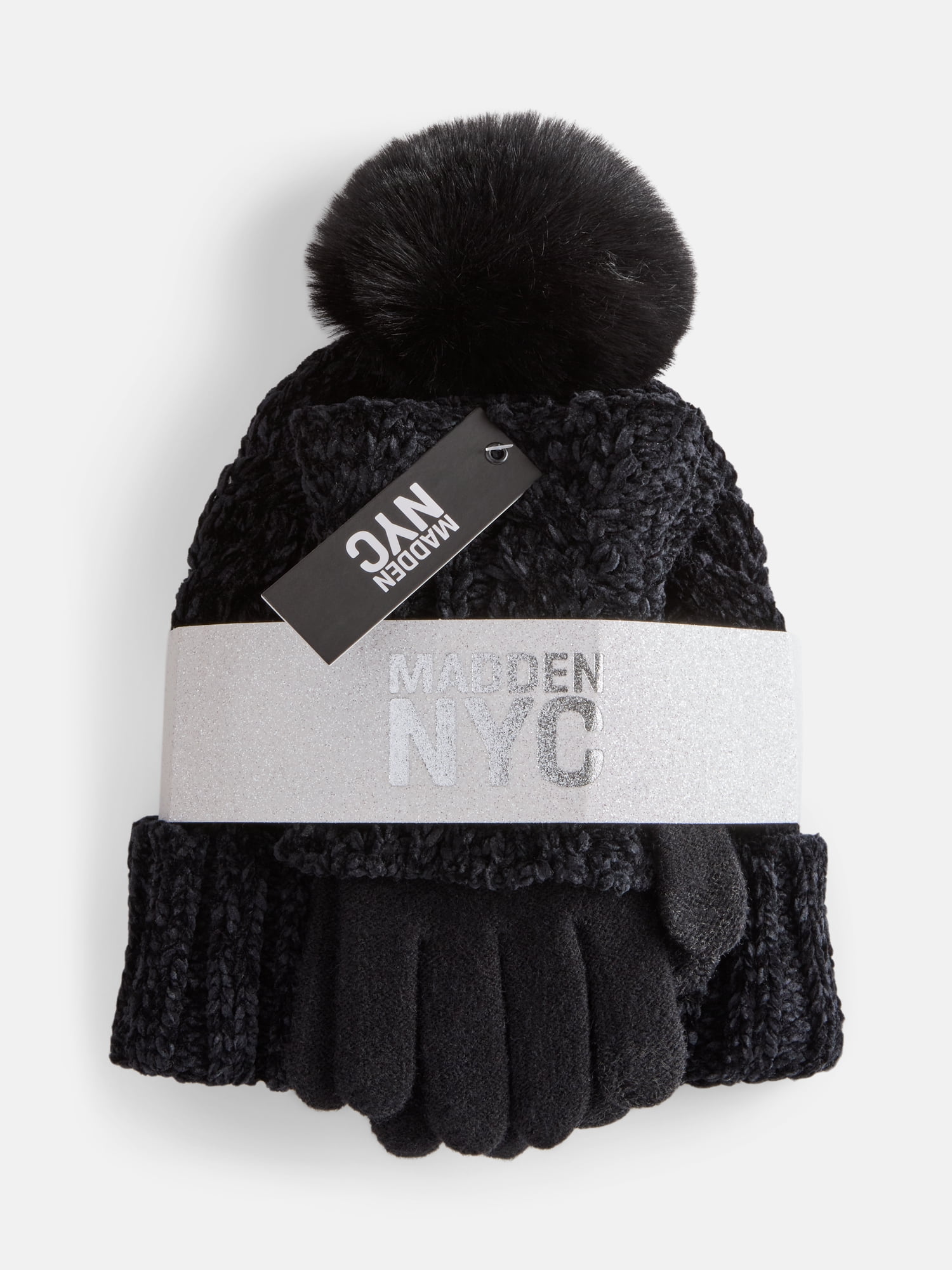 MNYC Women's 2 PC Cable Knit Chenille Beanie w/ Matching Gloves, Black