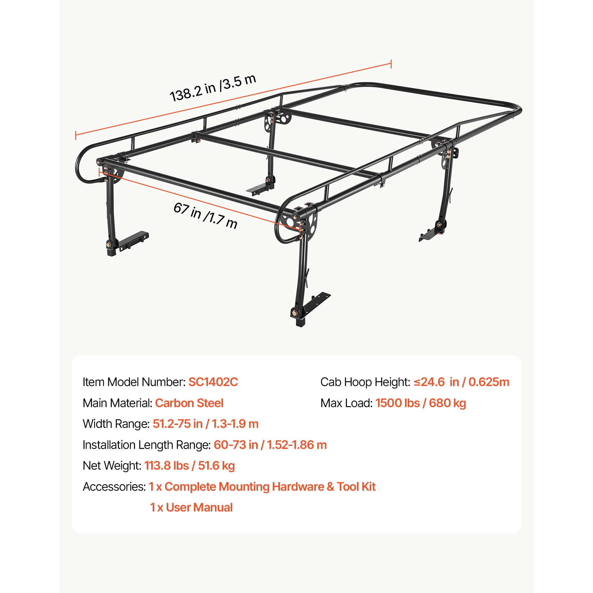 KFFKFF Truck Ladder Rack with 1500LBS Capacity, Adjustable Over-Cab Design for 51.2"-75" Truck Beds, Ideal for Kayaks, Surfboards, Lumber, and Heavy Cargo, Non-Drilling Installation