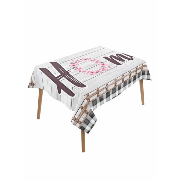 Spring Flowers Table Cloth, Waterproof Tablecloth for Rectangle Tables, Farmhouse Watercolor Black Plaid Wood Grain Reusable Washable Fabric Table Cover for Restaurant Kitchen Dining Tables 60"x102"