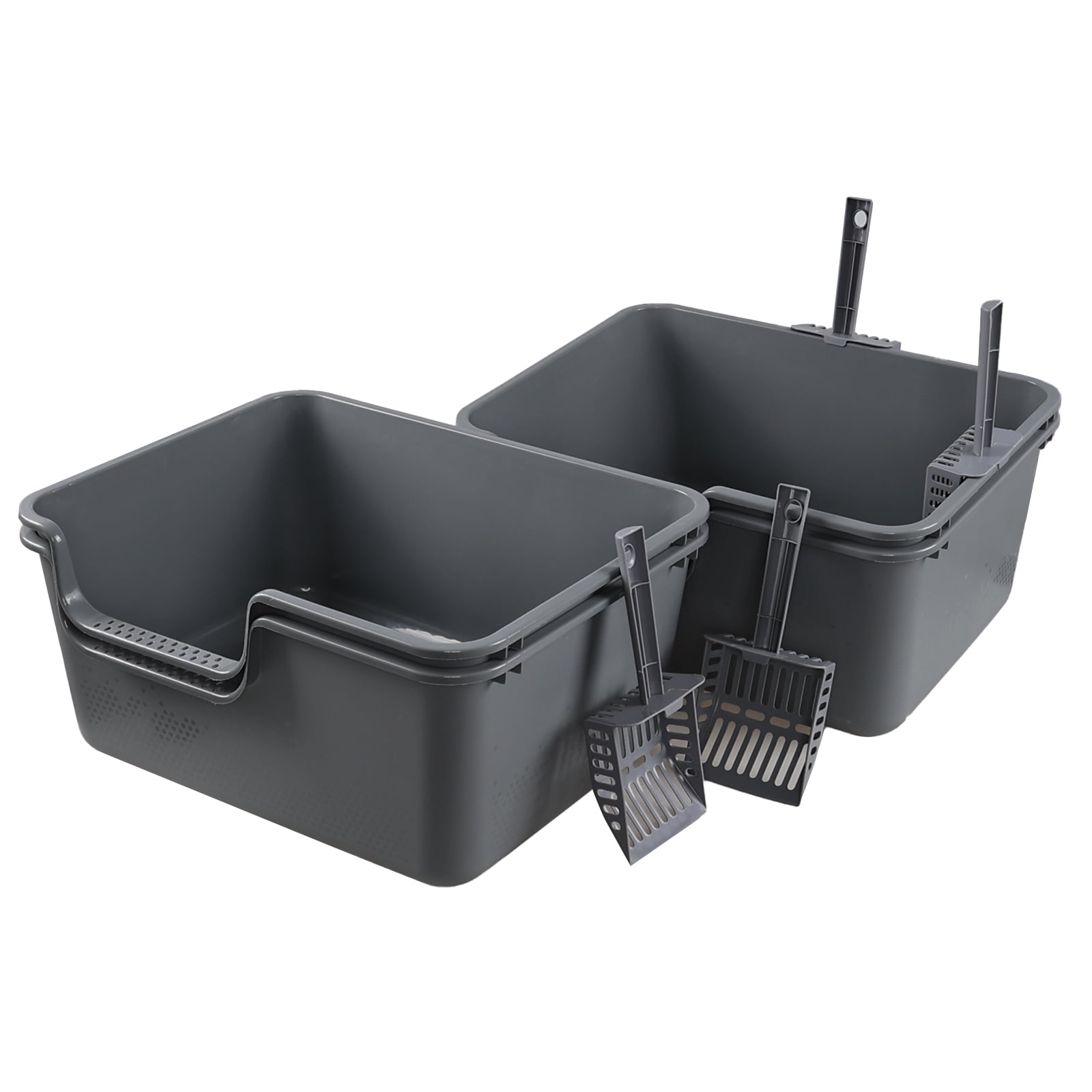 Yuright Plastic High Side Cat Litter Boxes with Scoops, 4 Pack Gray Open Top Litter Trays