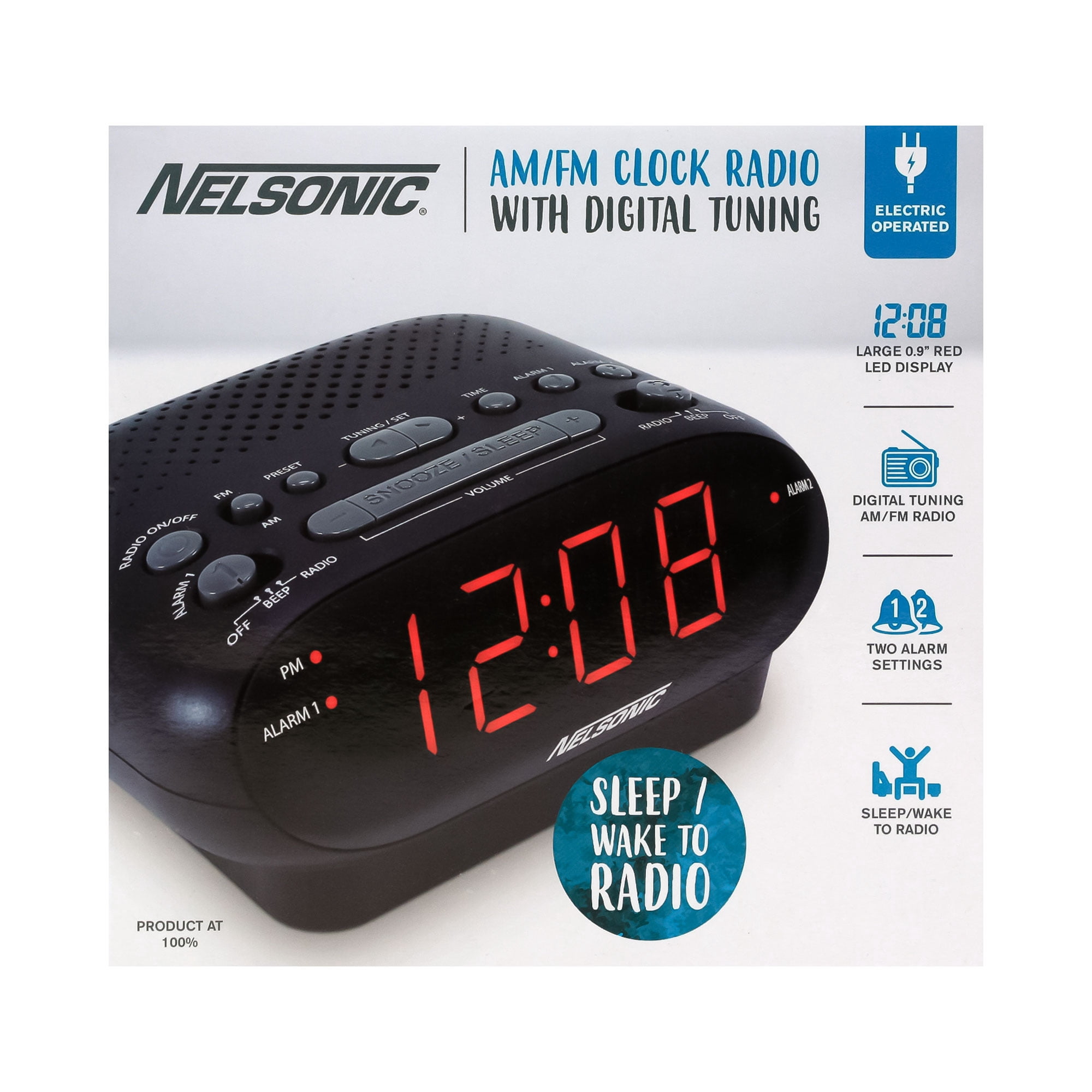 NELSONIC Digital AM/FM Alarm Clock Radio, Black with Red LED
