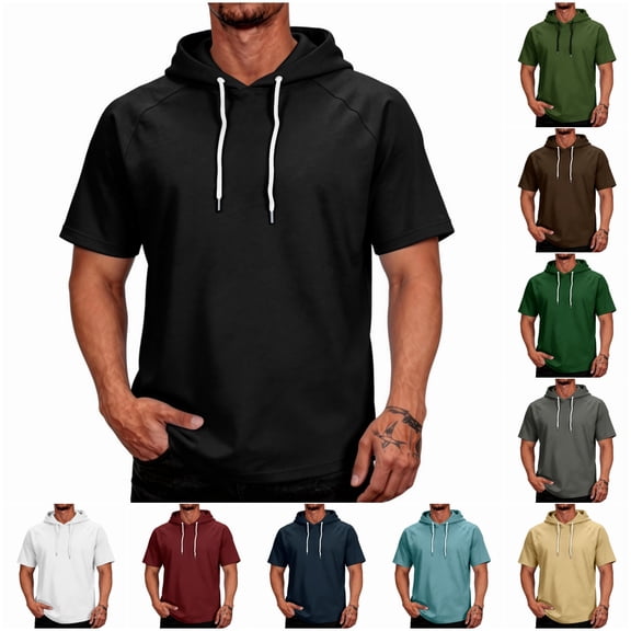 Men's Short Sleeve Hoodie Breathable Athletic Hooded T Shirts Summer Gym Workout Pullover Hoodies with pockets Black XXXL