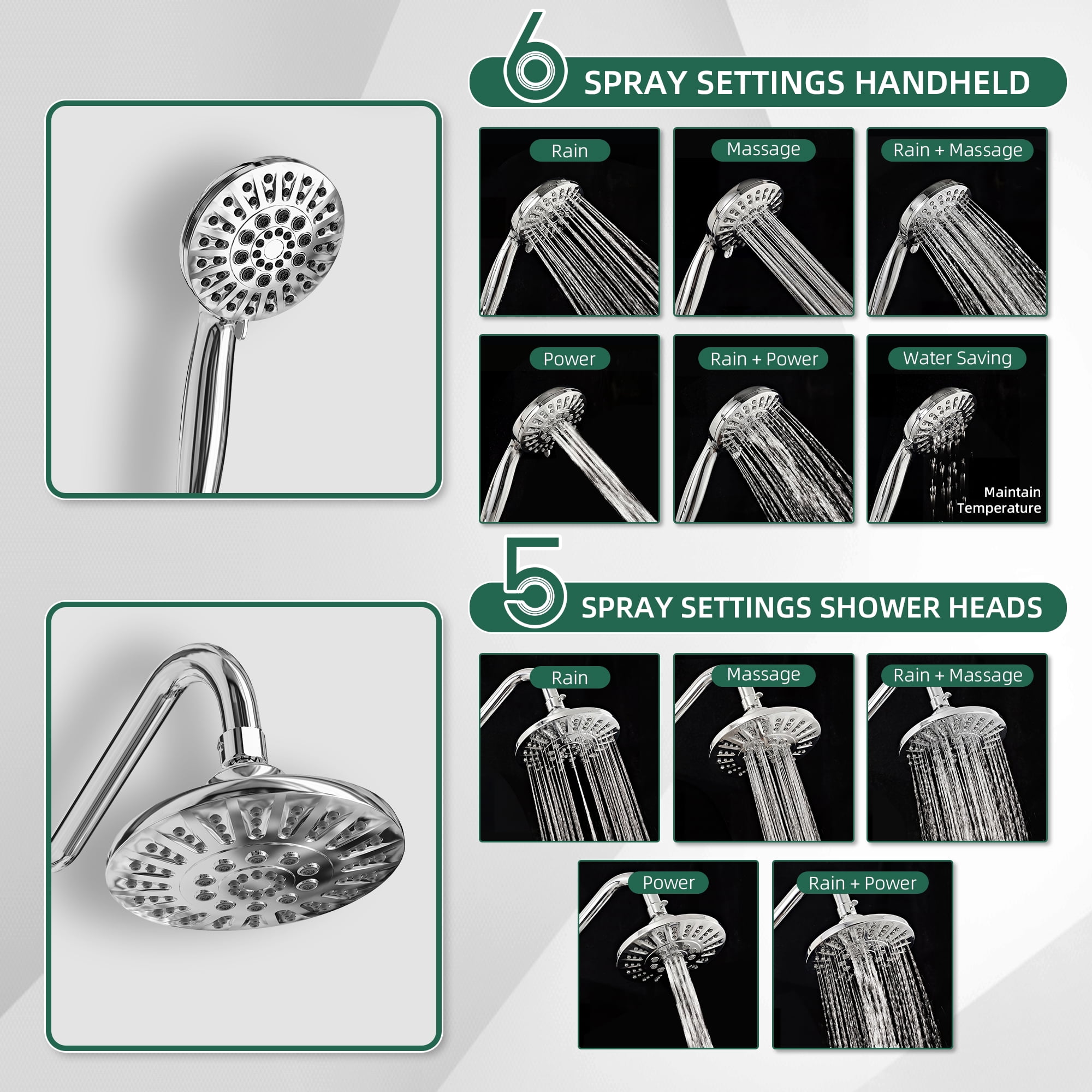 Akicon High Pressure Rain Shower Head with Handheld Spray Combo, Dual Shower Head with 6 Spray Modes, Rainfall Showerhead System with Adjustable Height Slide Bar for Bathroom, 3-Way Diverter