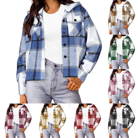 Tqcoqu Women's Plaid Cropped Hooded Shacket,Long Sleeve Button Down Loose Casual Jacket With Chest Pockets