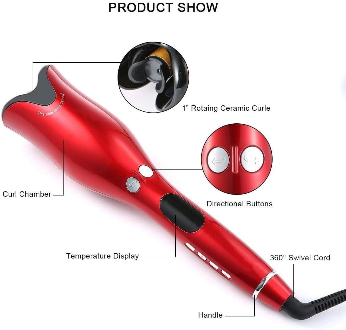 Multi-Function LCD Automatic Hair Curler Spin Curl 1 Inch Iron Curling Air Wand Styling Salon Tool Tourmaline Ceramic Heater (Red)