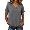 thumbnail image 2 of WHLBF Tank Tops for Women V-Neck Short Sleeve Button Loose Casual Summer Cotton Linen Shirt Tank Gray L, 2 of 8