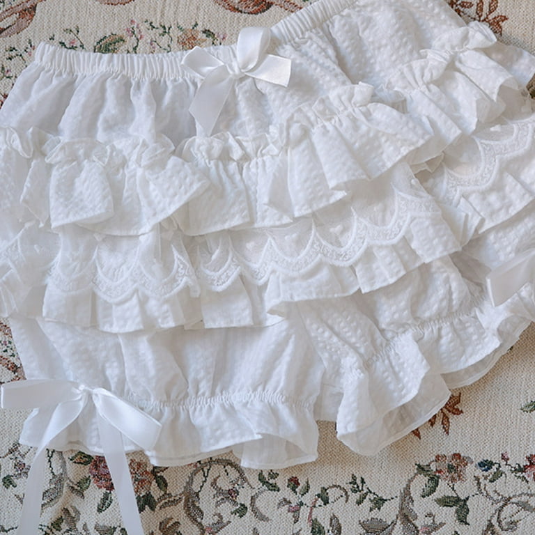 Women Girls Cute Lolita Shorts Lace Trim Layered Ruffle Bloomers