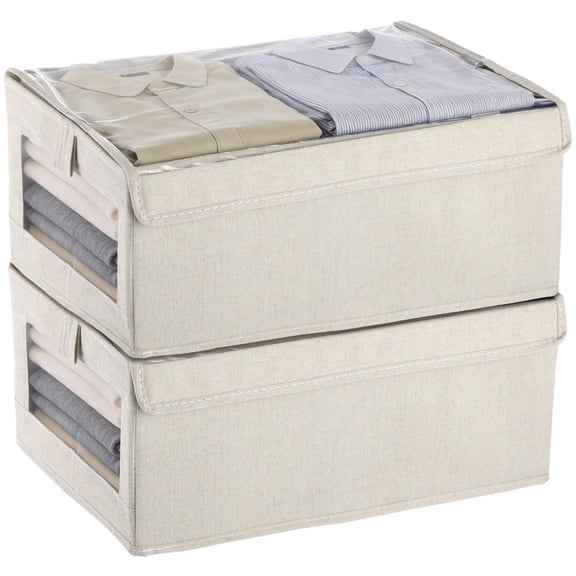 2 Pcs Collapsible Fabric Storage Bins with Lids, Decorative Storage Boxes with Window, Closet Organizer, Cotton Linen Stackable Clothes Storage Box for Closet, Shelves, Dorms, 15.7 x 10.6 x 6.7 in
