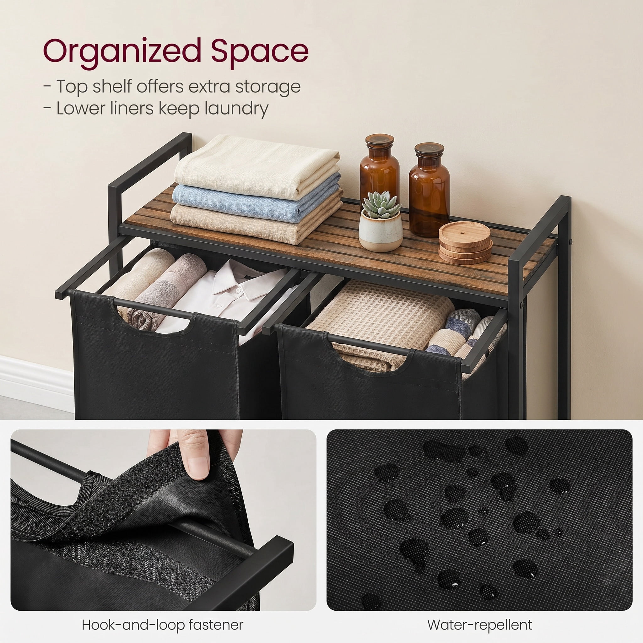 Nordic Hygge 2-Bag Laundry Sorter with Storage Shelf, Ink Black & Rustic Brown