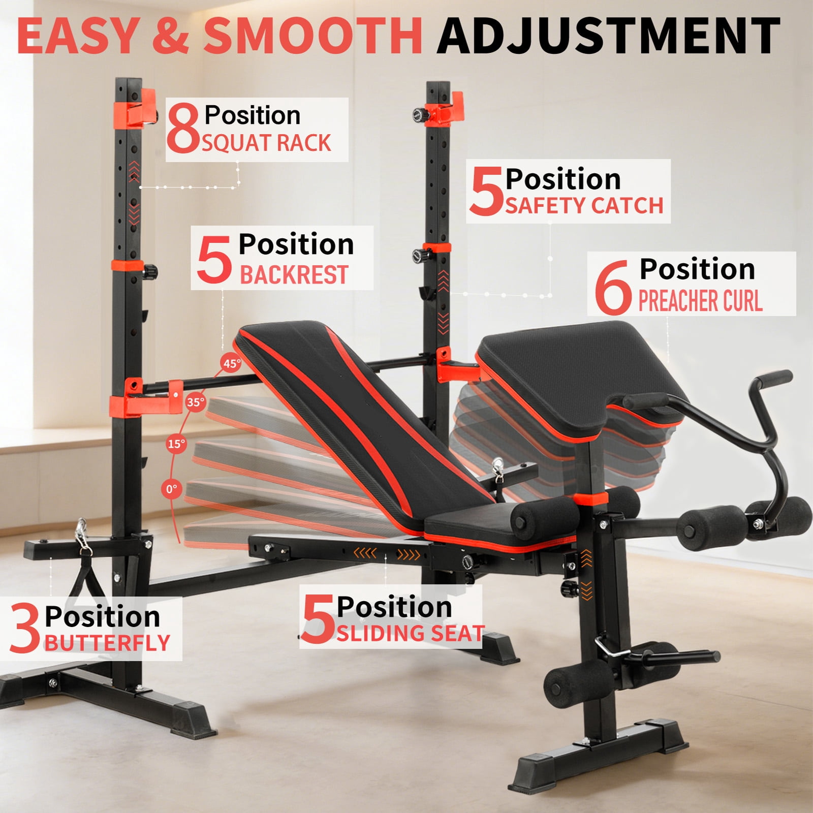 6 in 1 Olympic Weight Bench Set , Adjustable Bench Press with Squat Stand and Leg Developer for Home Gym Full Body Workout