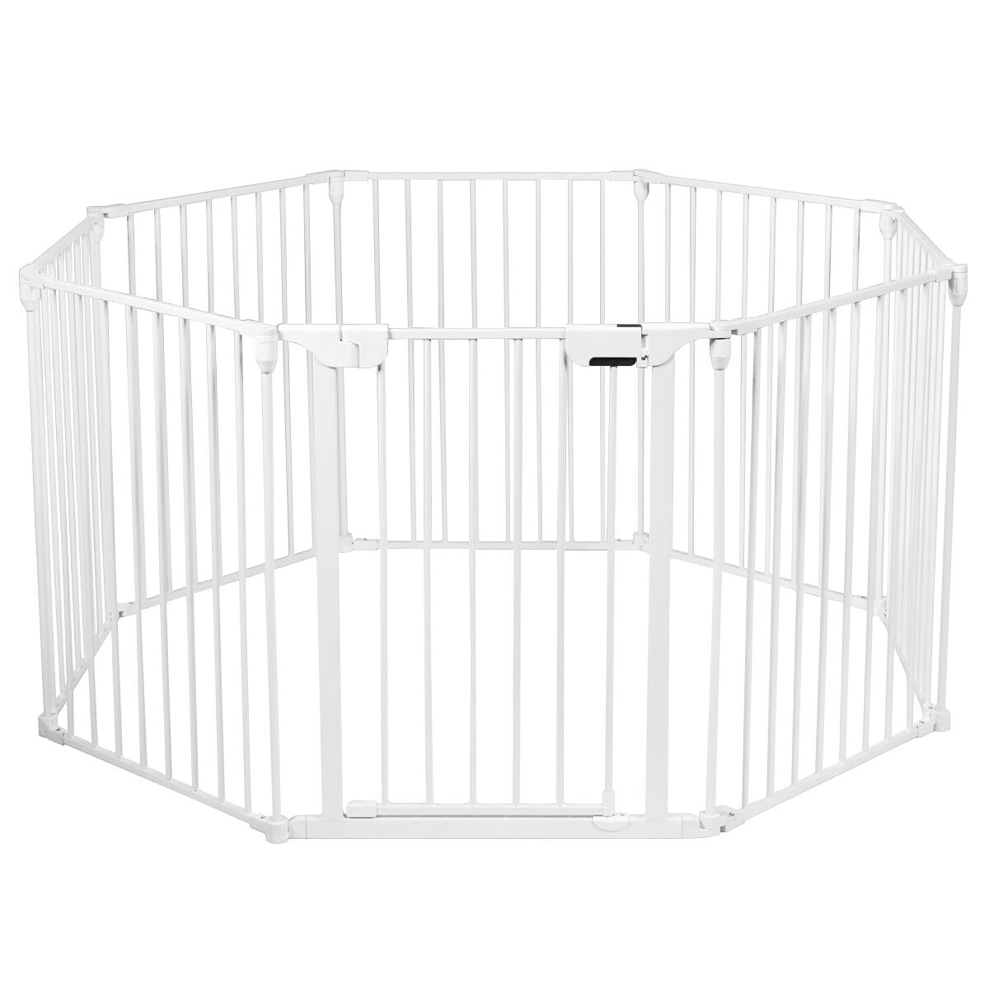 White, 8-Panel Costzon Baby Safety Gate 181-Inch Extra Wide Fireplace Fence with Walk-Through Door in Two Directions Wall-Mount Metal Gate for Pet & Child Add/Decrease Panels Directly 