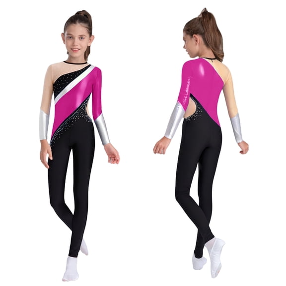 vastwit Girls Kids Metallic Bodysuit Color Block Gymnastics Leotard Figure Skating Jumpsuit Full Body Dance Unitard Hot Pink 16