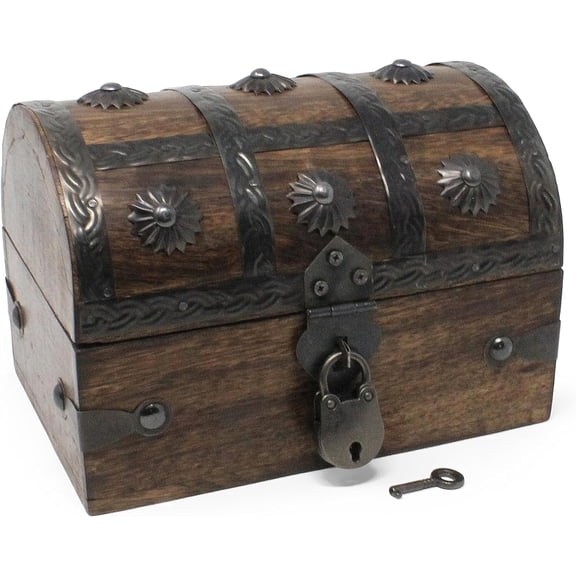 Nautical Cove Keepsake Wooden Treasure Chest with Antique Jewelry Lock and Key, Decorative Box, Pirate Wooden Chest, Wood Box with Lid, Rustic Storage Chest, Medium 6.5" x 4.5" x 4.5"