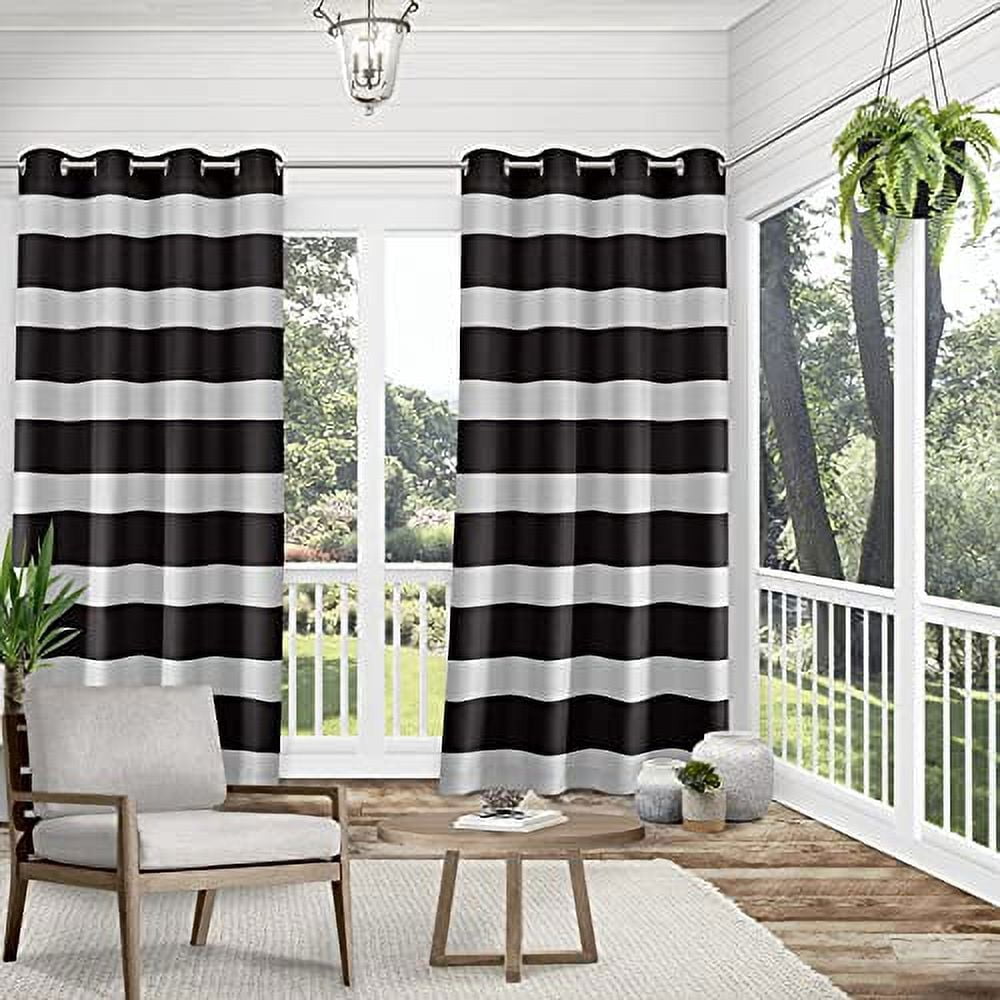 Exclusive Home Cabana Stripe Indoor/Outdoor Light Filtering Grommet Top Curtain Panel Pair, 54"x108", Black