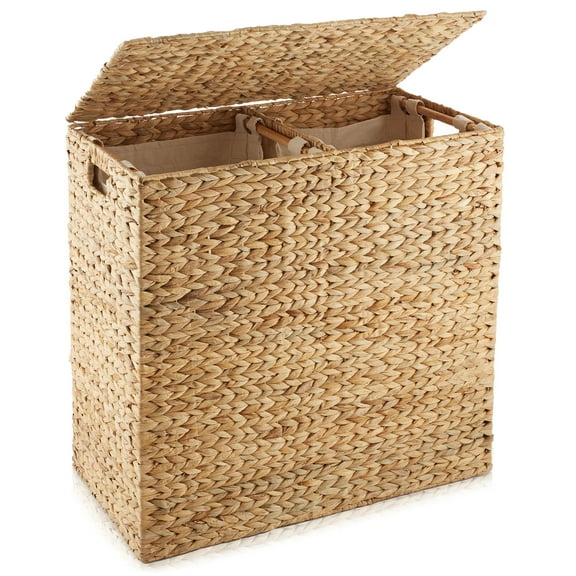 Casafield 2-Section Laundry Hamper with Lid and Removable Liner Bags - Natural, Woven Water Hyacinth Laundry Basket for Clothes
