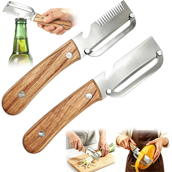 DUCHIFAD 2Pcs Multi-Functional Vegetable Peeler, 3 in 1 Kitchen Vegetable Peeler, Stainless Steel Peeler for Fruit Veggie Potato Pumpkin with Wooden Handle and Bottle Opener
