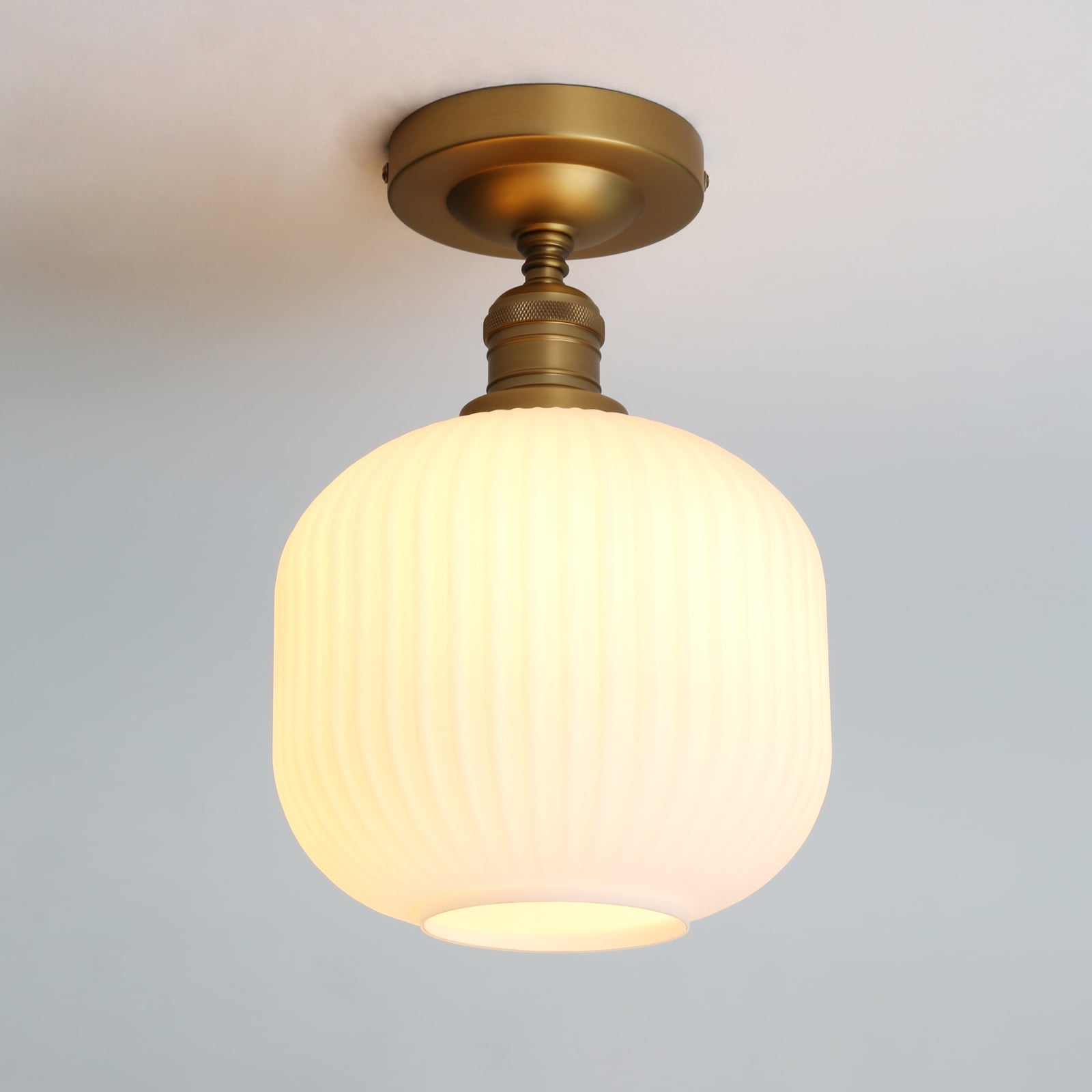 Pathson Industrial Semi Flush Mount Ceiling Light, Milky White Ribbed Glass Close to Ceiling Light for Living Room Dinning Room Kitchen Porch