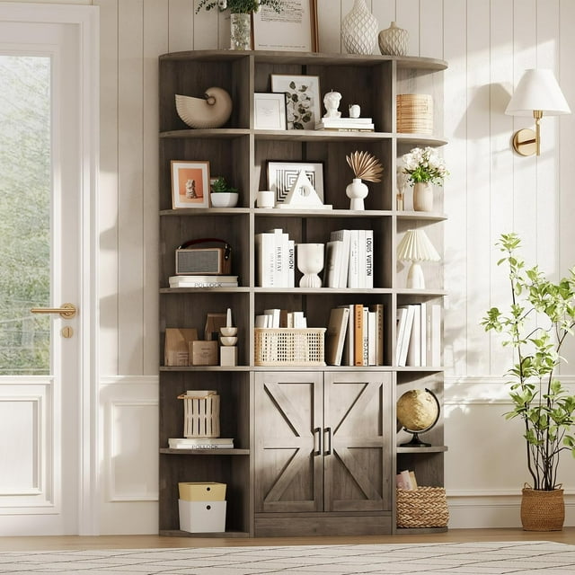 Royalbelle Grey 6 Tier Tall Bookshelf with Storage, Modern Farmhouse Standing