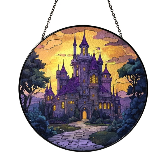 Enchanted Castle Stained Glass Round Suncatcher Fairytale Fantasy Window Hanging Art, Magical Home Decor Gift for Story Lovers