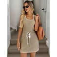 thumbnail image 5 of Women'S Drawstring Tie Waist Striped Knit Tank Dress Summer Sleeveless Square Neckline Mini Dress Brown XL, 5 of 9