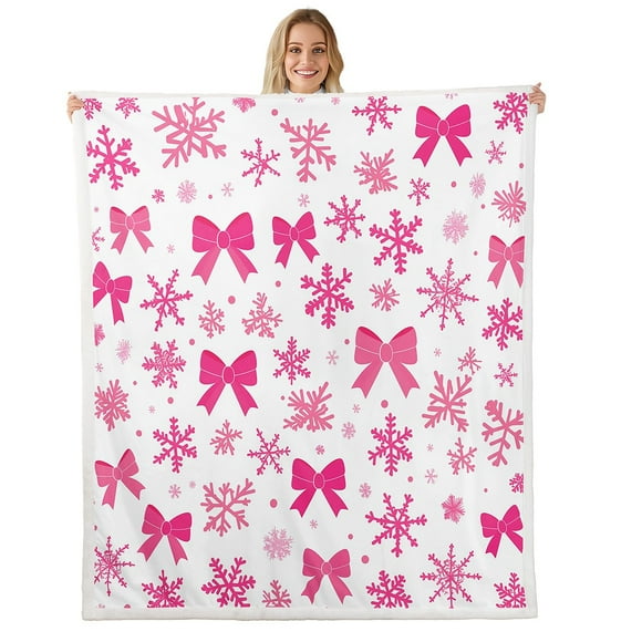 YST Girly Pink White Throw Blanket for Couch Dreamy Princess Fleece Blanket, Pink Bow Knots Sherpa Blanket Winter Snowflakes Blanket, Bowknots Bow Tie Print Bed Blanket