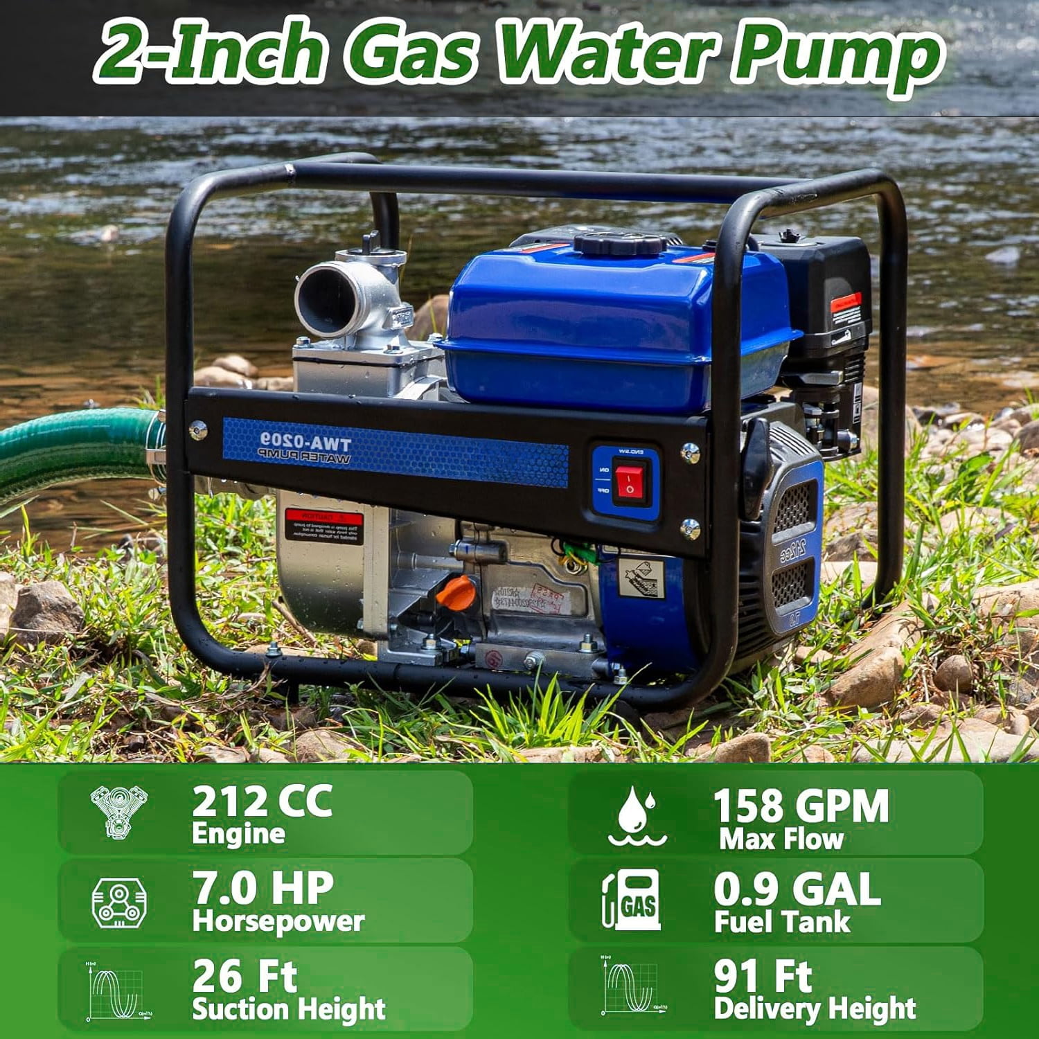 ANLIBATT 7HP Semi Trash Pump 158 GPM 2" EPA Gas Powered High Pressure Water Transfer Pumps Irrigation Suction Pipe Complete Hose Kits Included