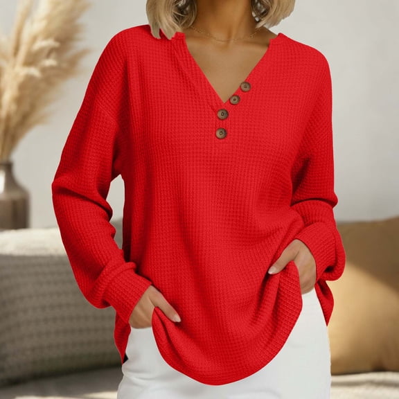 Cotton Shirts for Women Long Sleeve V-Neck Casual Waffle Knit Basic Lounge Sleep T-Shirts