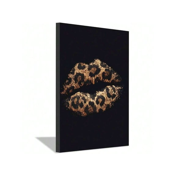 Mudket Leopard Print Lips Canvas Wall Art - Modern Feminine Wall Decor for Bedroom, Living Room, Bathroom & Apartment, Bold Black & Gold Abstract Wall Art for Women, Ready to Hang -40*60cm(16*24in)