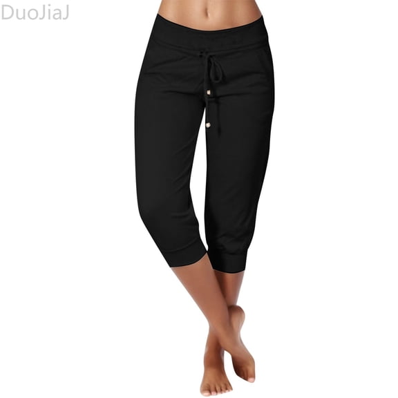 DuoJiaJ Womens Knitted Cropped Casual Tight High Waisted Drawstring Pocket Sports Pants Casual Pants Women's Cropped Pants Black L