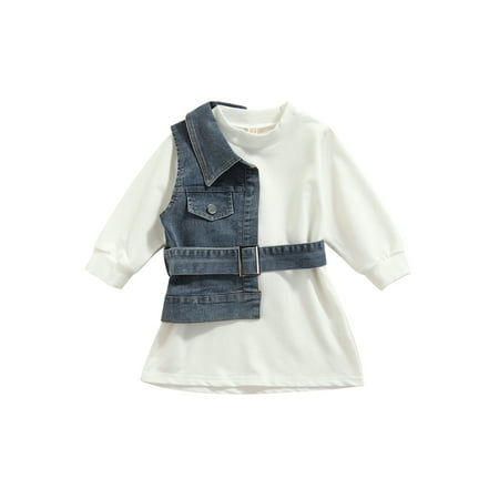 

Sunisery Toddler Baby Girl Outfits Long Sleeve Shirts Tops Dresses + Half Denim Vest Jacket Fall Winter Clothes White 3-4 Years