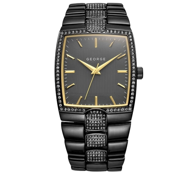 37mm Mens Tonneau Gunmetal Tone Crystal Watch