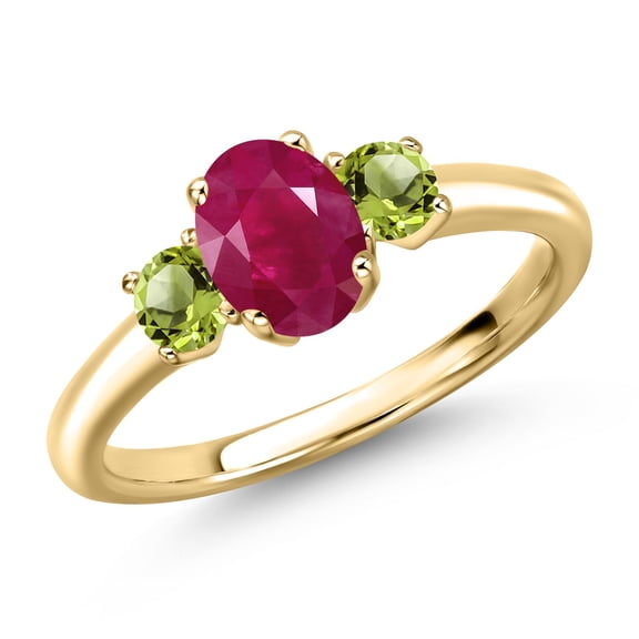 Gem Stone King 10K Yellow Gold Red Ruby and Green Peridot Engagement Ring for Women | 1.41 Cttw | Oval 7X5MM | Gemstone July Birthstone | Size 8