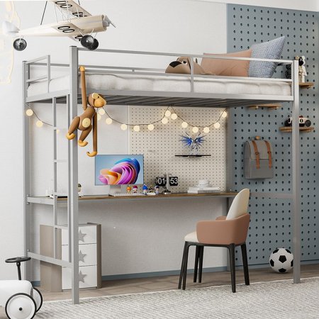 IKIFLY Metal Twin Size Loft Bed with Desk & Charging Station, Heavy Duty Loft Bed Frame with Safety Guard Rail and Ladder, Space-Saving Design, Noise Free - No Box Spring Needed - Silver Grey