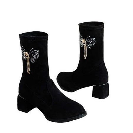 

Stamzod Clearance Women s Winter Fall Flock Boots Middle Heels Chunky Heel Fashion Solid Color Boots