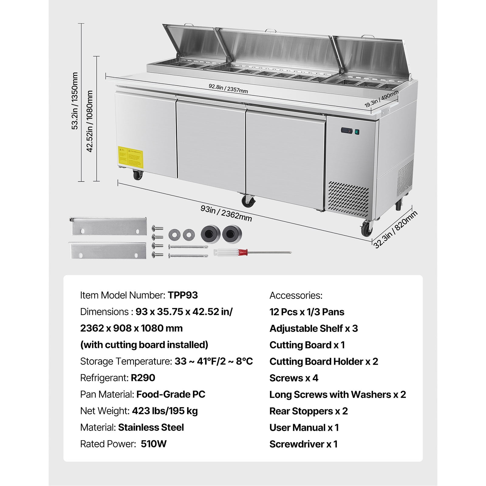 KFFKFF 93"W Commercial Refrigerated Prep Table, 20" Wide Countertop for Food Preparation, 30.8 Cu.Ft Single Door Salad Fridge, Includes 12 Pans and Cutting Board for Pizza and Salad Work