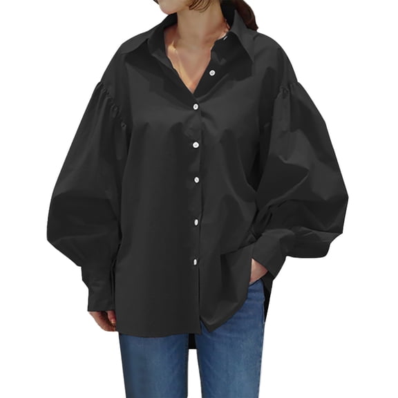 Womens Solid Color Casual Shirt Long Sleeve Lapel Button Blouse Loose Top Turn Down Collar Black XXL