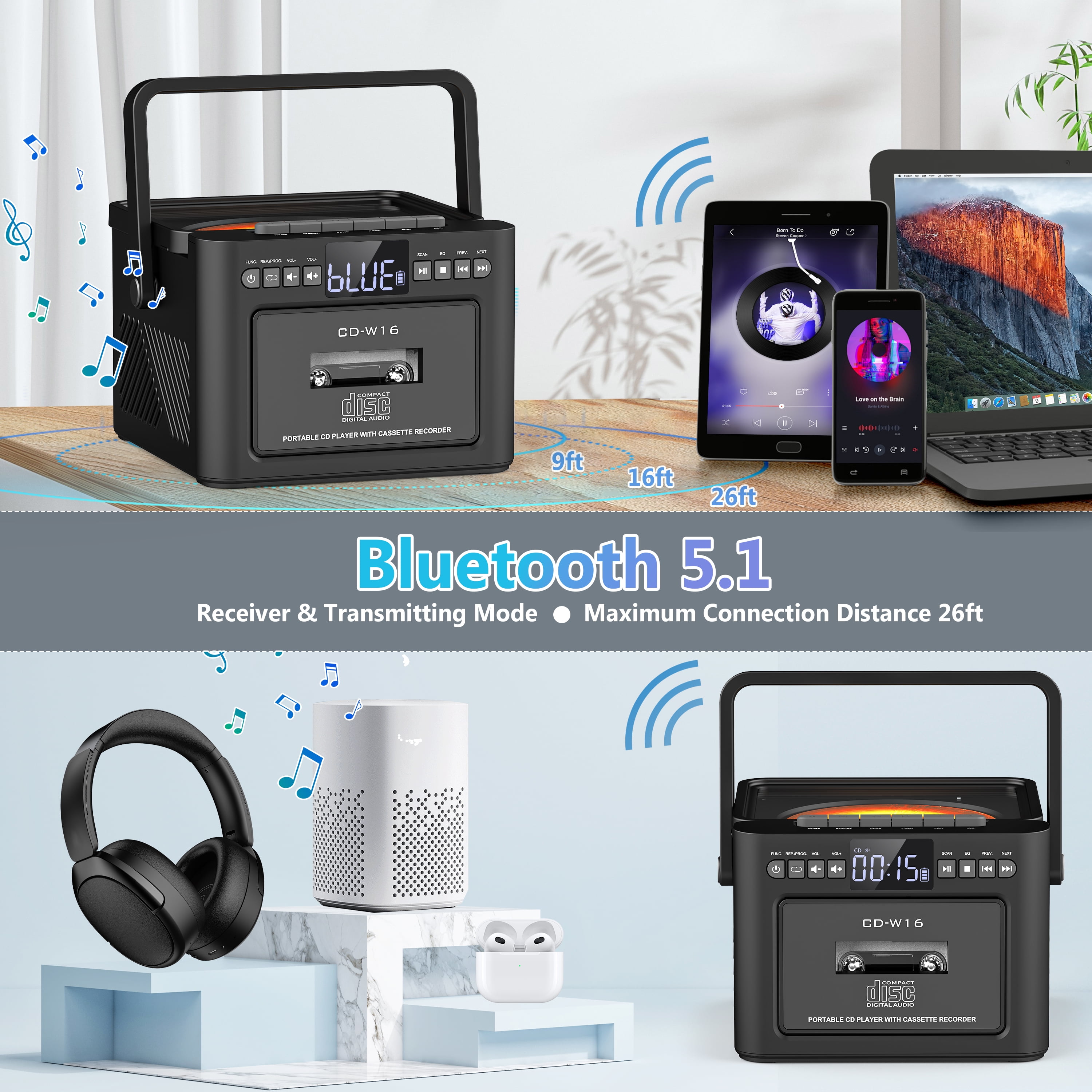 Free Shipping! Greadio Portable Bluetooth CD Cassette Player with