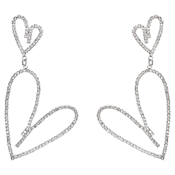 DESIGNICE Heart Earrings Rhinestone Drop Trendy Hanging Heart-Shaped Silver for Women Valentines Day Silver Heart Earrings