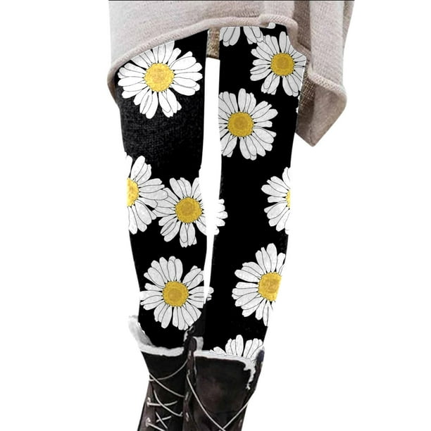 Gibobby Leggings Afelpados Mujer Leggings ajustados cintura con estampado margaritas y girasoles para mujer Otoño Invierno(Negro, XXL)